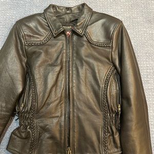 Leather King woman’s heavy leather motorcycle jacket with braided stitching